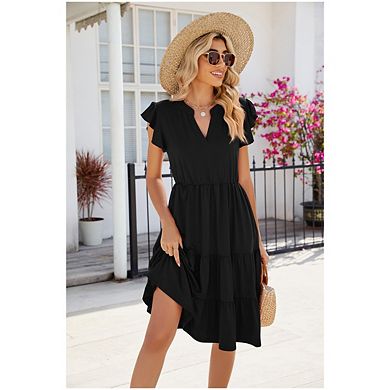 Women's Casual V-Neck Lotus Leaf Sleeve Short Sleeve Midi Dress