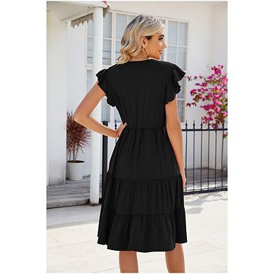 Women's Casual V-Neck Lotus Leaf Sleeve Short Sleeve Midi Dress
