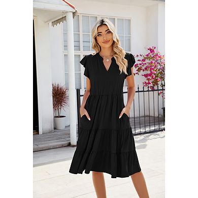 Women's Casual V-Neck Lotus Leaf Sleeve Short Sleeve Midi Dress