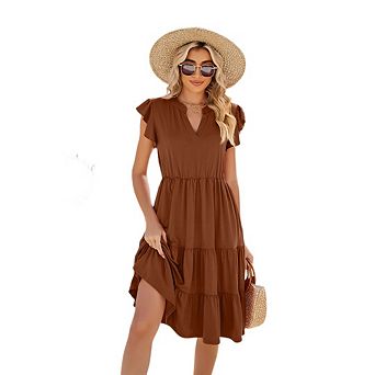 Women's Casual V-Neck Lotus Leaf Sleeve Short Sleeve Midi Dress