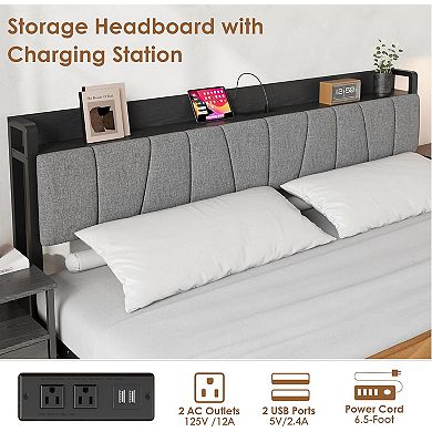 Bed Frame with a Functional Storage Headboard, with 2 Large Drawers Plus a Charging Station