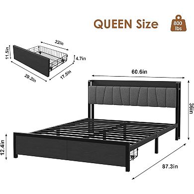 Bed Frame with a Functional Storage Headboard, with 2 Large Drawers Plus a Charging Station