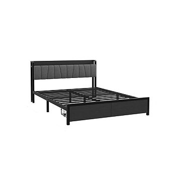 Bed Frame with a Functional Storage Headboard, with 2 Large Drawers Plus a Charging Station