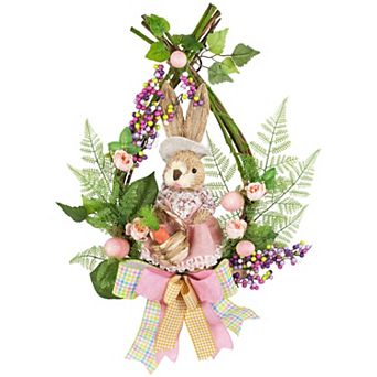 Northlight Flower Bunny Moss Vines Teardrop Easter Wreath - 22-inch Unlit