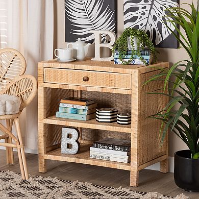 bali & pari Bella Natural Rattan Console Table with Drawer and Shelves