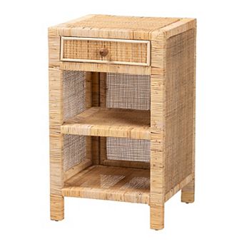 bali & pari Bella Natural Rattan Nightstand with Drawer and Open Shelves