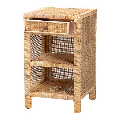bali & pari Bella Natural Rattan Nightstand with Drawer and Open Shelves