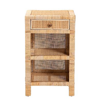 bali & pari Bella Natural Rattan Nightstand with Drawer and Open Shelves