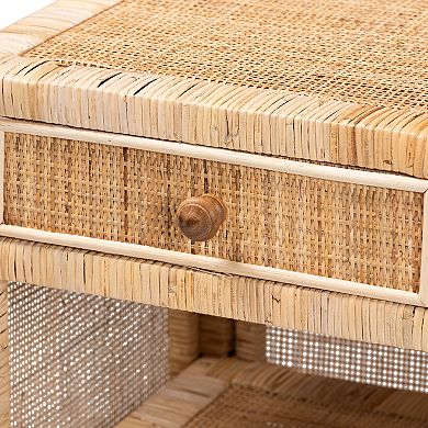 bali & pari Bella Natural Rattan Nightstand with Drawer and Open Shelves
