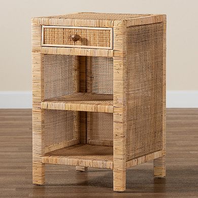 bali & pari Bella Natural Rattan Nightstand with Drawer and Open Shelves