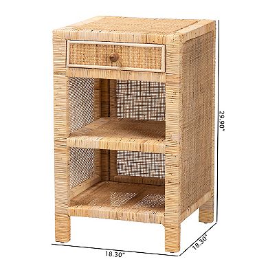 bali & pari Bella Natural Rattan Nightstand with Drawer and Open Shelves