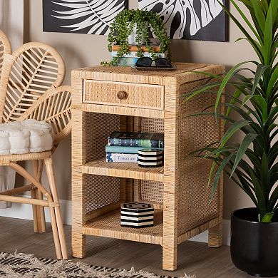 bali & pari Bella Natural Rattan Nightstand with Drawer and Open Shelves