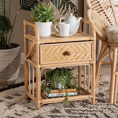 bali & pari Natural Rattan Nightstand with Drawer and Open Shelf