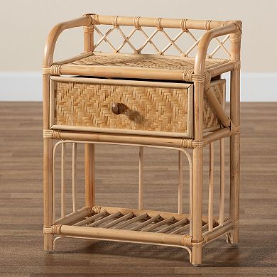 bali & pari Natural Rattan Nightstand with Drawer and Open Shelf