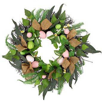Northlight Easter Egg & Burlap Ribbon Mixed Foliage Artificial Twig Wreath - 22 in