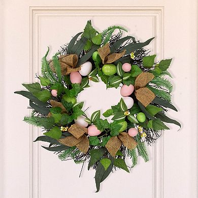 Northlight Easter Egg & Burlap Ribbon Mixed Foliage Artificial Twig Wreath - 22 Inches
