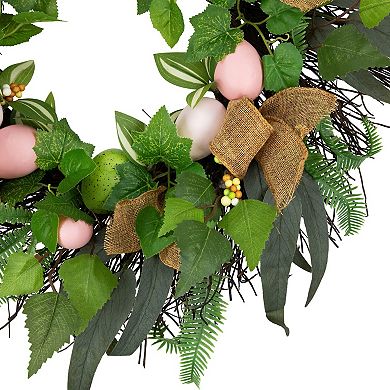 Northlight Easter Egg & Burlap Ribbon Mixed Foliage Artificial Twig Wreath - 22 Inches