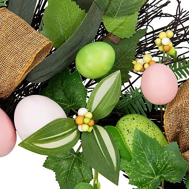 Northlight Easter Egg & Burlap Ribbon Mixed Foliage Artificial Twig Wreath - 22 Inches