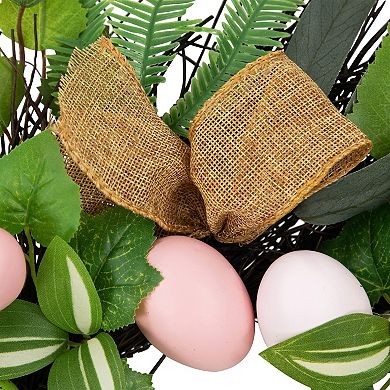Northlight Easter Egg & Burlap Ribbon Mixed Foliage Artificial Twig Wreath - 22 Inches