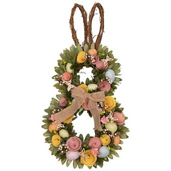 Northlight Shaved Wood Flowers Bunny Rabbit Silhouette Easter Wreath - 24 in