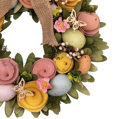 Northlight Shaved Wood Flowers Bunny Rabbit Silhouette Easter Wreath - 24 Inches