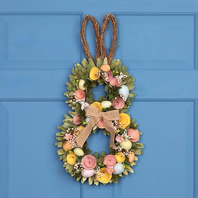 Northlight Shaved Wood Flowers Bunny Rabbit Silhouette Easter Wreath - 24 Inches