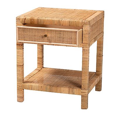 bali & pari Adelia Natural Rattan Nightstand with Drawer and Open Shelf