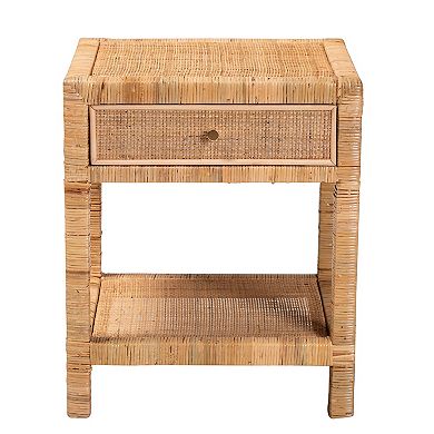 bali & pari Adelia Natural Rattan Nightstand with Drawer and Open Shelf