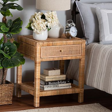 bali & pari Adelia Natural Rattan Nightstand with Drawer and Open Shelf