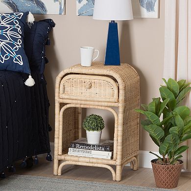 Bali & Pari Natural Rattan Nightstand with Drawer and Open Shelf