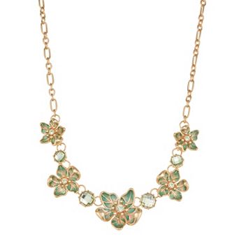 Napier Gold Tone Simulated Crystal Green Floral Collar Necklace