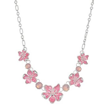 Napier Silver Tone Simulated Crystal Pink Floral Collar Necklace
