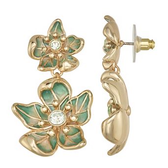 Napier Gold Tone Simulated Crystal Green Flower Double Drop Earrings