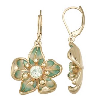 Napier Gold Tone Simulated Crystal Green Flower Drop Earrings