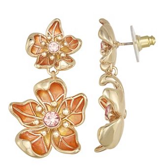 Napier Gold Tone Simulated Crystal Orange Flower Double Drop Earrings