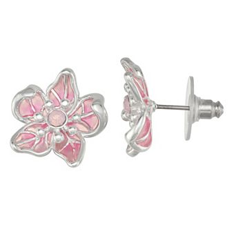Napier Silver Tone Simulated Crystal Pink Flower Stud Earrings