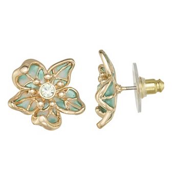 Napier Gold Tone Simulated Crystal Green Flower Stud Earrings