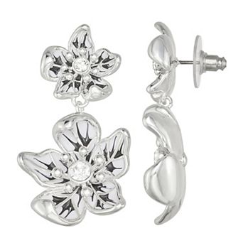 Napier Silver Tone Simulated Crystal Flower Power Double Drop Earrings