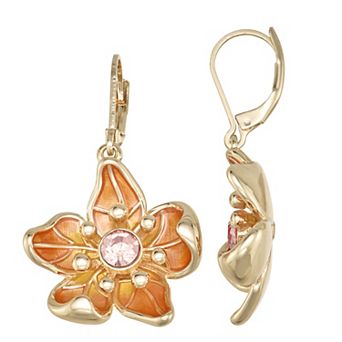 Napier Gold Tone Simulated Crystal Orange Flower Power Drop Earrings