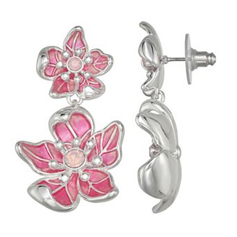 Napier Silver Tone Simulated Crystal Pink Flower Double Drop Earrings