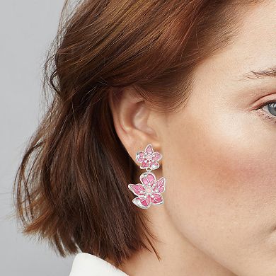 Napier Silver Tone Simulated Crystal Pink Flower Double Drop Earrings