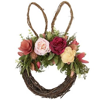 Northlight Wooden Floral Easter Bunny Ears Twig Wreath - 15 in