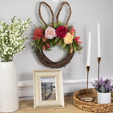 Northlight Wooden Floral Easter Bunny Ears Twig Wreath - 15 Inches