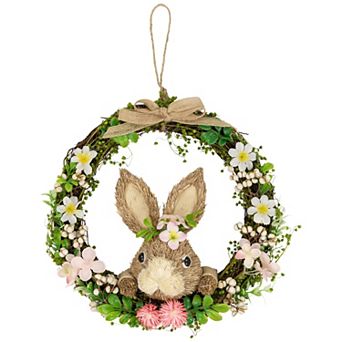 Northlight Spring Floral Easter Wreath with Peering Rabbit - 11-inch