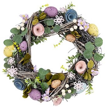 Northlight Speckled Eggs & Flowers Easter Wreath - 13 in