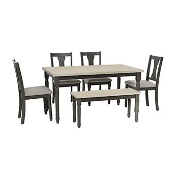 Linon Willow 6 pc Dining Set with Bench and Upholstered Chairs