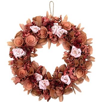 Northlight Silk Roses & Wooden Flowers Artificial 12-Inch Unlit Spring Wreath