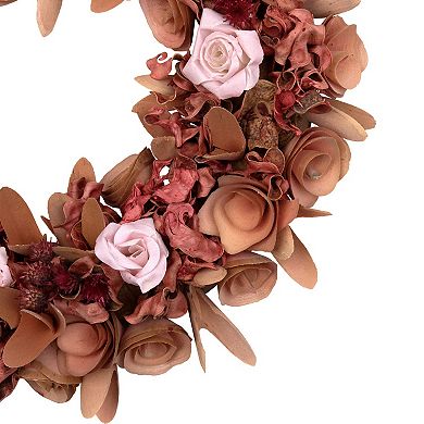 Northlight Silk Roses & Wooden Flowers Artificial 12-Inch Unlit Spring Wreath
