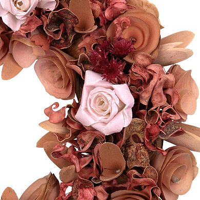 Northlight Silk Roses & Wooden Flowers Artificial 12-Inch Unlit Spring Wreath