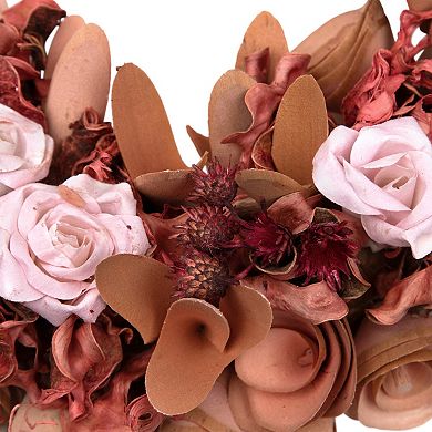 Northlight Silk Roses & Wooden Flowers Artificial 12-Inch Unlit Spring Wreath